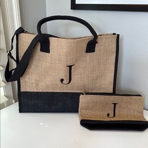 Stylish Black and Tan Rafia “J” Tote Bag Set